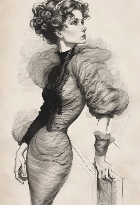 a finely detailed black and white ink ultra-feminine drawing of a tall and haughty modern Gibson Girl looking down her nose and curling her lip at the viewer, her elegant fitted cocktail dress is high necked and very tightly corseted with large gigot sleeves. red lips, medium breasts, long and wavy and elaborately styled hair, high cheekbones, perfect proportions, descending a grand staircase, moody atmosphere