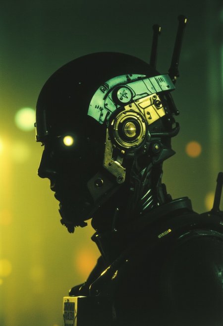 closeup portrait photo of an Elysium Robot Cyborg Samurai, macro, a captivating vibrant dark capturing the essence of a cyborg Bedouin sorcerer in fight stance, standing infront of dystopian megacity. ethereal, smoky backdrop. a translucent dark neon dark-yellow/green/black, atmospheric haze, Film grain, cinematic film still, shallow depth of field, highly detailed, high budget, cinemascope, moody, epic, dark background, gorgeous, 2000s vintage RAW photo, photorealistic, candid camera, color graded cinematic, eye catchlights, atmospheric lighting, skin pores, imperfections, natural, shallow dof,