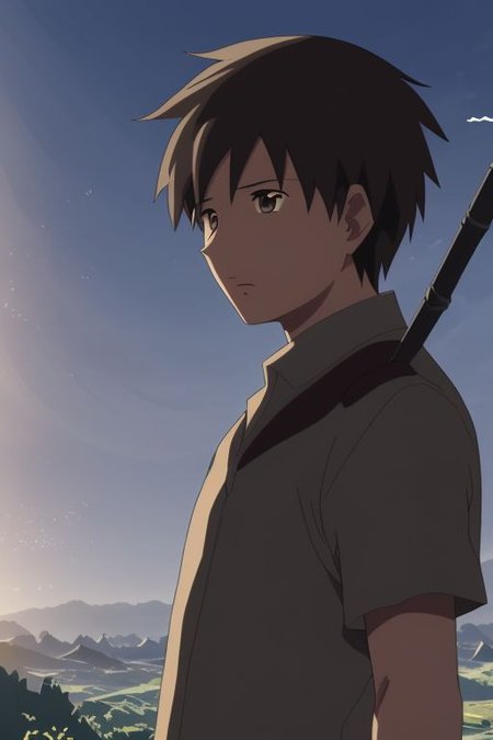 high resolution, solo, best quality, 1Boy, Takaki Toono, Brownish Hair, Brown Eyes, existential longing, fantasy background, strong wind, OverallDetail