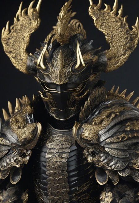 samurai dragon, glowing eyes, body wearing shiny satin black and silver metal samurai armor,intricate ornate weaved gold filiegree, fine detail, extremely detailed, unreal engine