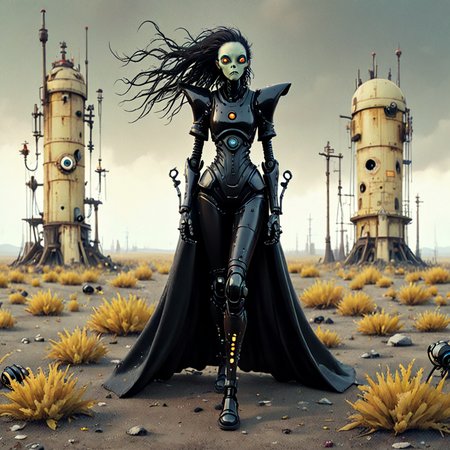 2d, sad scenery, elitist,complex A high-fashion shot of a tall woman in a structured black leather bodysuit with intricate cut-out details. The outfit is paired with thigh-high boots and a long, flowing black cape, her hair slicked back, her eyes fierce and focused., highly detailed, Attractive, Rembrandt lighting, Alabaster, eerie,gritty robotics <lora:fx-01:1.2> <lora:surrealism-v1:1> <lora:art-v5:.35>  <lora:alien-species:.5>