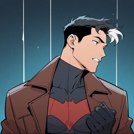 <lora:JASON_TODD-IL:1> wfaJasonTodd, 1boy, black bodysuit, black gloves, black hair, black shirt, bodysuit, bodysuit under clothes, brown coat, brown jacket, coat, covered collarbone, gloves, hand up, jacket, looking to the side, male focus, multicolored hair, open clothes, open coat, open jacket, shirt, short hair, solo, spider web print, streaked hair, superhero, teeth, two-tone bodysuit, two-tone hair, upper body, white hair, motion blur, film grain, abstract, natural lighting, fantasy, cinematic, dynamic, very awa, masterpiece, best quality, absurdres, newest, perfect quality, detailed background, intricate details, (artist:fl \(l-fl\):0.7), (artist:tooboshoo:0.7), (artist:dizdoodz:0.8)