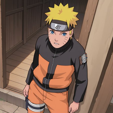 masterpiece, best quality, amazing quality, highres, absurdres, intricate detail, <lora:Naruto_Uzumaki_ILLUS-000010:1> , nar1, solo, 1boy, short hair, blue eyes, blonde hair, whisker markings,  forehead protector, jacket, multicolored clothes, pants, thigh strap, uzumaki naruto, looking at viewer, parted lips,