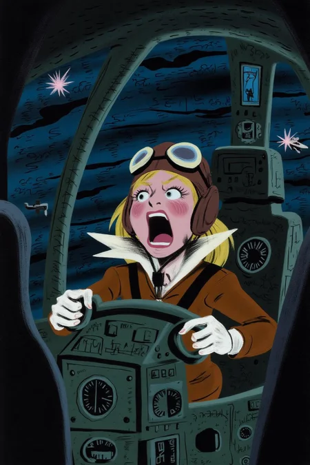 maryblair2 illlustration.
A female pilot screaming inside the cockpit of a World War II bomber. The pilot, wearing a vintage leather flight helmet with goggles and a bomber jacket, grips the controls with white-knuckled hands. Her face is contorted in a mix of fear and determination as she yells, her eyes wide with adrenaline. The cockpit is cramped and filled with old-fashioned dials and gauges, with the outside view showing dark stormy clouds and distant anti-aircraft fire 
 <lora:maryblair3_cap_d6a3e9:1.0><lora:855897139161656687:0>