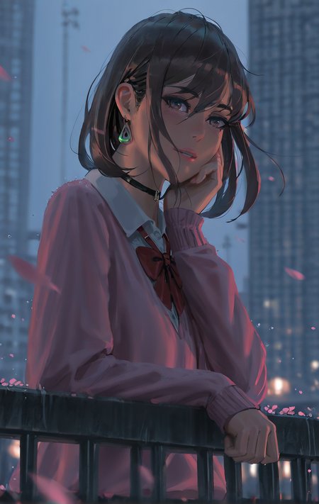 (newest, recent,:1.3), (guweiz, wlop, pluvium grandis), realistic, year_2024, year_2023, year_2022, year_2021,
absurdres, highres, best quality, masterpiece, very aesthetic, dandadan, ayase momo, 1girl, black choker, blue sky, bow, bowtie, brown eyes, brown hair, choker, collared shirt, dress shirt, earrings, elbow rest, hair between eyes, hand on own cheek, hand on own face, head rest, jewelry, light blush, light particles, long sleeves, looking at viewer, loose bowtie, medium hair, parted lips, pencil, petals, pink petals, pink sweater, red bow, red bowtie, school uniform, shirt, sleeves past wrists, smile, solo, sweater, upper body, white shirt, blurry, blurry background, city, city lights, leaning back, railing, rain,  <lora:Artist_style_Void_0:0.7>,  <lora:MomoAyase-IL-v1:0.7>