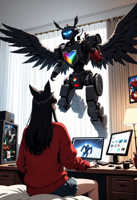 aszkstzz, black wings, solo, ice cube, robot, computer, curtains, absurdly long hair, pillow, blunt bangs, cutoffs, fang, fake animal ears, old, phone, from behind, rainbow, shoulder armor, ear piercing, piercing, red sweater, black nails, superhero, ,  cinematic angle, masterpiece, best quality ,