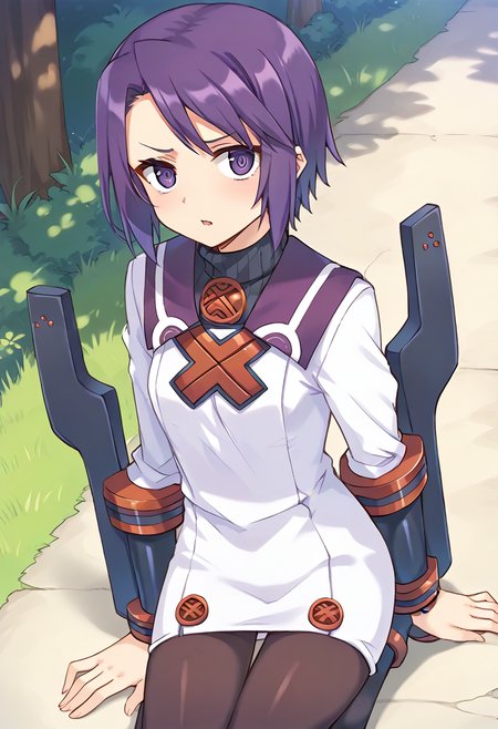 score_9, score_8_up, score_7_up, best quality, uncensored, source_anime, BREAK
1girl, toris(sn2), purple hair, short hair, purple eyes, white dress, long sleeves, toris(sn2) outfit, purple pantyhose, gauntlets, black shoes,
rotated, Guilty, Downcast eyes, slumped shoulders, and a slightly ashamed expression.,
looking at viewer, outdoors, 
<lora:sdxl_lightning_8step_lora:1> <lora:toris(sn2)_XL(pony):1>