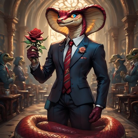 anthropomorphic_snakes_(naga), snake eyes, scales, masterpiece, best quality, amazing quality, very aesthetic, dynamic angle, face focus, depth of field, small breasts, A digital illustration shoot from the side about a character with a snake-like appearance and a anthropomorphic_snakes_(naga) in a formal attire, standing next to each other in an indoor setting. the image also shows a warm and cozy atmosphere with soft lighting. on the left side of the image, a amazing anthropomorphic_snakes_(naga) with short, dark brown hair, wearing a dark brown suit and holding a red rose in his hand, appears to be standing with a smile on his face, looking at the viewer with blue eyes. he has a slim body and is standing with his hands clasped together in front of the anthropomorphic_snakes_(naga), who is wearing a red dress with a hood and a tail. the anthropomorphic_snakes_(naga) has large breasts and a confident expression, with her eyes looking to the side and her mouth slightly open, as if she is about to say something. she has a happy expression on her face and is smiling at the anthropomorphic_snakes_(naga). the background is a softly lit room with a desk and a window, giving off a sense of warmth and comfort.  1anthropomorphic_snakes_(naga), breasts, blush, smile, short hair, blue eyes, shirt, large breasts, black hair, 1anthropomorphic_snakes_(naga), holding, closed mouth, standing, tail, closed eyes, jacket, flower, outdoors, cowanthropomorphic_snakes_(naga) shot, pants, suit, necktie, holding flower, indoors, black suit, white shirt, suit jacket, holding rose, red flower, hood up, blazer, fish scales, pg safe,amazing, (anthropomorphic_snakes_(naga):0.7000000000000001), ( ArsMJStyle, Wonderland:0.7000000000000001), (Midjourney3PXL-B:0.34), (MJ:0.36), end_delft_morph<lora:pony\Anthropomorphic_snakes_Naga-pony.safetensors:0.7000000000000001:0.7000000000000001> <lora:pony\midjourney\WonderlandPony_r1.safetensors:0.7000000000000001:0.7000000000000001> <lora:pony\midjourney\Midjourney3PXL-B.safetensors:0.37:0.37> <lora:pony\midjourney\MJXLP.safetensors:0.43:0.43> <lora:pony\Midjourney_Porcelain_DelawareDelft_Morph_XL.safetensors:0.56:0.56>