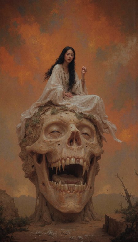GLOW,intricate tetradic colors in every details,FLUORESCENT,asian woman, A young woman with alabaster skin and corvus-black hair, its ebony strands tossed by an unseen zephyr, sits atop a colossal, bone-white skull. Her raiment, a diaphanous white robe, cascades around her like ethereal smoke.  Her pose is one of melancholic repose, a delicate hand resting upon the skull's zygomatic bone. The camera angle is low, emphasizing the imposing scale of the skull and the woman's ethereal fragility. The background is a hazy, otherworldly expanse of ochre and sepia, hinting at a desolate yet hauntingly beautiful landscape.  The image evokes a sense of solitude, reflection, and the inexorable passage of time.  Augment the scene with the spectral remnants of past civilizations - crumbling ruins, windswept dunes, and a sky ablaze with the dying embers of a crimson sunset.