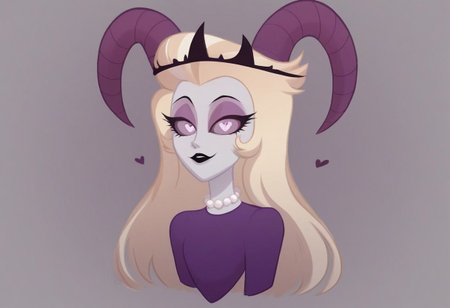 lilith, purple eyes, half-closed eyes, black lips, blonde hair, pearl necklace, demon horns, grey/gray skin, grey sclera, black crown, evil eyes, purple dress, heart floating, heart-shaped pupils, aroused, heart eyes, cupid arrow, Valentine's day themed, 1girl, solo
