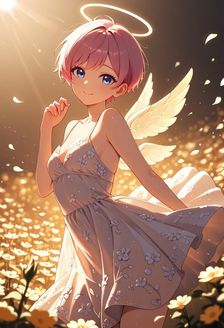 masterpiece, best quality, good quality, very aesthetic, absurdres, newest, 8K, depth of field,  in the style of cknc, artist:moriimee, in the style of cksc, 
1girl, short pink hair, pixie cut, blue eyes, small breasts, firm, flower petal dress, glossy skin, flying mid-air, wings fluttering, giggling, looking at viewer, from front
BREAK
flower garden, petals floating, sunlight beaming
BREAK
dynamic light, warm colors, high contrast, golden hour lighting, rich details, playful atmosphere
