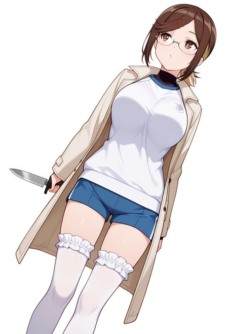 masterpiece,high quality details, absurdres,
 <lora:Konoha_Koga:0.8>koga_cnr, 1girl, brown hair, short hair, brown eyes, blonde hair, two-tone hair, large breasts, semi-rimless eyewear,hairclip,ponytail, 
holding knife,, simple background, white background, dutch angle,solo,, o3o,, coat ,gym shirt,frilled thighhighs,  ,short socks,