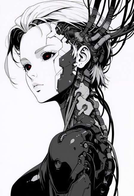 masterpiece, best quality, good quality, very aesthetic, absurdres, newest, 8K, depth of field, focused subject, ghost in the shell aesthetic, monochrome, black and white, line art, sketch style, technical drawing, closeup quarter upper body shot, almost from side, 1girl, cyborg, gynoid, face focus, segmented face with panel lines, dark vacant eyes, intricate wiring and cables extending upwards from head and neck, exposed mechanical components above cranium, cyberpunk, high contrast black and white background, clinical atmosphere.