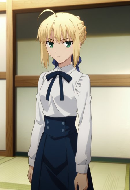 score_7_up, animescreencap,
<lora:FateStayNightUBW_SaberXL:0.9>, SaberFS,
1girl, solo,
blonde hair, green eyes, short hair, french braid, ahoge,
SaberCasual, white shirt, neck ribbon, long sleeves, high-waist skirt, blue skirt, black pantyhose,
standing, looking at viewer, 
indoors, tatami