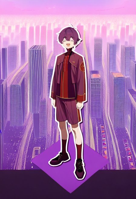 , score_9, score_8_up, score_7_up, 1boy, solo, cute, happy, smiling, white outline,  standing, full-length portrait, city background, short hair, eyes, shorts, shirt, shoes, street background