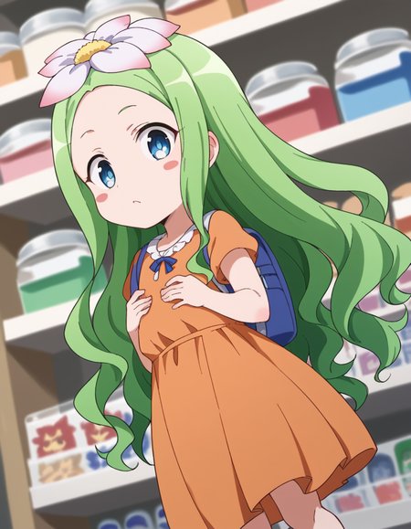 score_9, score_8_up, score_7_up, source_anime, <lora:celine-darkness-ponyxl-lora-nochekaiser:1>, celine, long hair, blue eyes, hair ornament, flower, green hair, hair flower, wavy hair, blush stickers,, dress, backpack, orange dress, frills,, weapon shop, weapons, display, store, items, , hand on stomach, blush,, looking at viewer, solo,, dutch angle, cowboy shot