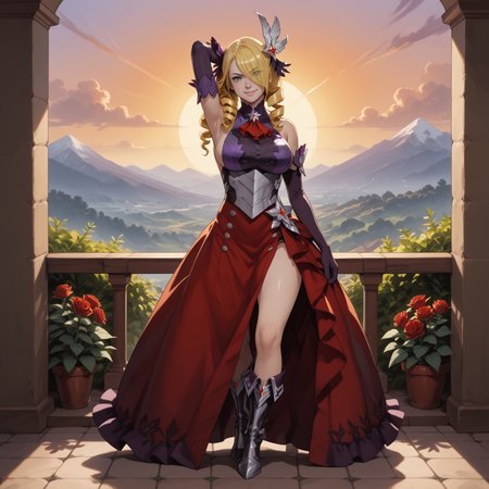 safe_pos, safe_pos, safe_pos, safe_pos, score_9, score_8_up, score_8, score_7_up, score_7, ExpressiveH, full body
BREAK
1girl, solo, Chelle Dragalia, blonde hair, long hair, bangs, green eyes, mole, mole under eye, large breasts,((galachelle)), hair over one eye, drill hair, hair ornament, feathered ornament, feathered hair ornament, ((oficial alternate costume)), bare shoulders, sideboob, gloves, elbow gloves, dress, purple and red dress, single thighhigh, rose, knee boots, huge breasts, looking at viewer, head tilt, seductive look, aroused, horny, standing, oiled skin, hand in hair, looking at viewer, lips parted, blushing, mischievous smile
BREAK
Garden, sunset, orange sky, purple sky, mountainous horizon
