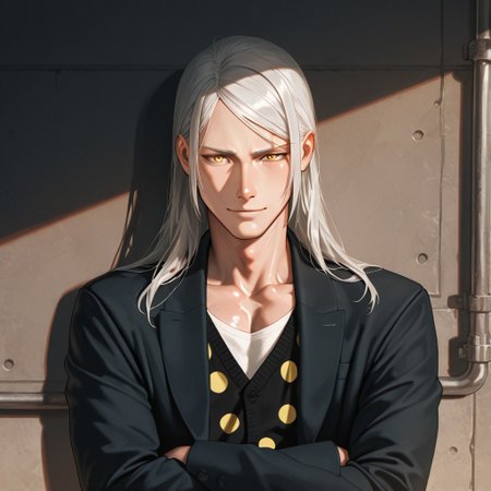 masterpiece, best quality, amazing quality, absurdres, newest, detailed background, definition so sharp, Ultra-HD, 8K cinematic, very awa, impressionate, amazing quality, highres, 
solo, male focus, manly, shadow, shiny skin, mature male, extream close-up, soft coloring,
mitsuhisahachiya, mitsuhisa_grey hair, mitsuhisa_yellow eyes, 1boy, long hair, scar across eyebrow, warm_glow, cozy_atmosphere, quiet, dust_motes, peaceful_expression, natural_light, crossing arms, slightly smile, looking at viewer, standing, black blazer, polkadot cardigan, v-neck, white shirt,
