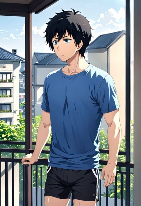high resolution, solo, best quality, 1Boy, Arata Kaizaki, Black Hair, Blue Eyes, home balcony, morning, cigarette, coffee, t-shirt, shorts, looking away, OverallDetail