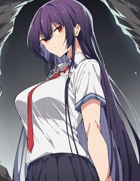 score_9, score_8_up, score_7_up, source_anime, <lora:takane-takamine-trailer-ponyxl-lora-nochekaiser:1>, takane takamine, long hair, red eyes, purple hair, large breasts, bangs, very long hair, hair between eyes, skirt, necktie, red necktie, school uniform, shirt, white shirt, pleated skirt, short sleeves, collared shirt, black skirt, miniskirt,, cave, darkness, rocks, underground, stalactites, , from side, looking at viewer, solo,, dutch angle, cowboy shot