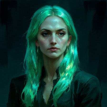 Dark-Fantasy-Cardd-V.2.0 style dark fantasy oil painting with detailed eyes that features a hauntingly beautiful woman. The artwork is rendered in a digital medium, likely using software like Adobe Photoshop or Illustrator, with a focus on vibrant, glowing, and swirling effects. The woman has long, flowing hair that appears to be made of a glowing, ethereal substance, with colors shifting between various shades of teal and green, creating a mesmerizing, almost liquid-like texture.
