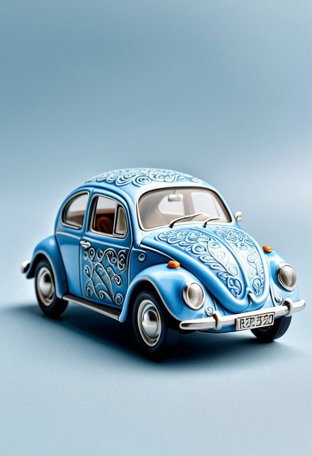 Miniature Bluepatternporcelain Beetle car,small sculpture,old car hybrid,side view,sculpture ,pastel blue paint,hyperrealistic,