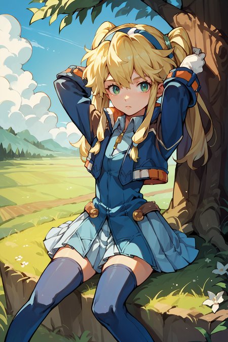 score_9, score_8_up, score_7_up, score_6_up, source_anime, 1girl, solo,  <lora:clarissaarwin-pdxl-nvwls-v1-000005:1> clarissa arwin, blonde hair, hairband, twintails, blue jacket, white gloves, pleated skirt, blue thighhighs, sitting, arms behind head, field, tree, blue sky, looking at you