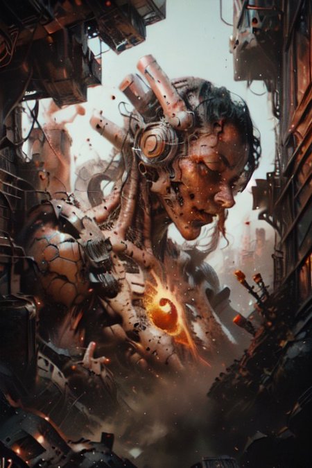 A futuristic woman giant robot in a cyberpunk warzone with fire and smoke