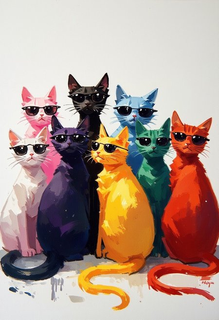 oil painting of 10 kittens in a row wearing sunglasses.They are white,pink,black,purple,blue,green,yellow,red,teal,crimson.
in the style of frank frazetta