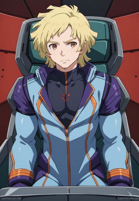 score_9, score_8_up, score_7_up, source_anime, cowboy shot, front view, BREAK, ( rockpie_getty, hazel eyes, blonde hair, best eyes, pilot suit unzipped, undershirt, curious expression, looking to the side, leaning on cockpit hatch, 1boy, male focus, solo, ) BREAK, mobile suit in background, hangar,