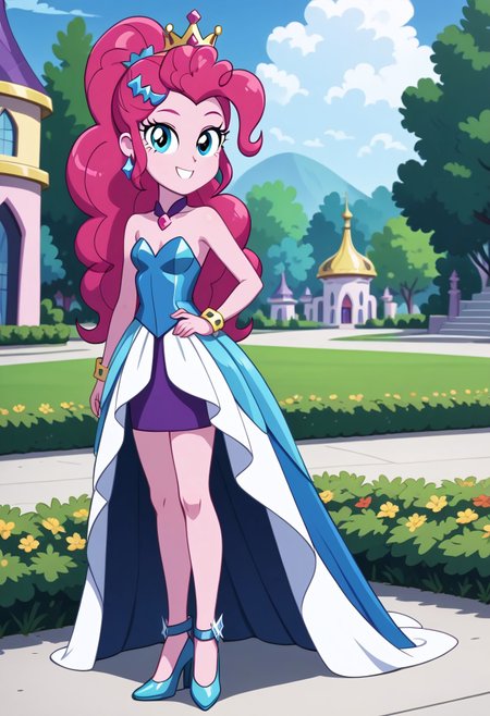 score_9, score_8_up, score_7_up, score_6_up, from My Little Pony Equestria Girls, a very young little human girl Pinkie_Pie wearing a fit blue|sky|green|brown|darkpurple|red|yellow gradients colors short princess dress, elegant detailed princess shoes, solo, 1girl, little princess girl, dark pink hair with crown hairband, smile, childhood, looking at viewer, glow detailed eyes, garden of canterlot, tul, chiffon, laces, semi realistic cartoon, unreal engine 5,  full body close-up, absurdres, digital art, soft light, perfect hands, perfect, hands, perfection, soft pink skin, skyblue eyes, party accesories and shoes, jewelry, tres chic,<lora:age_slider_v4:-4>,