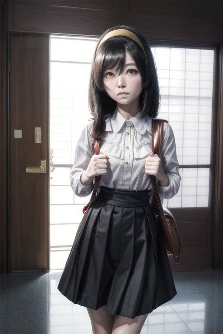 Photo of nishimura akane, (masterpiece,best quality:1.2), black hair, hair over one eye, hairband, medium hair, sanpaku, orange headband, dress, randoseru, school uniform, backpack, bag, bag charm, black dress, skirt, black skirt, solo, glowing_bright, Artstation, HD, Deviantart, by WLOP,