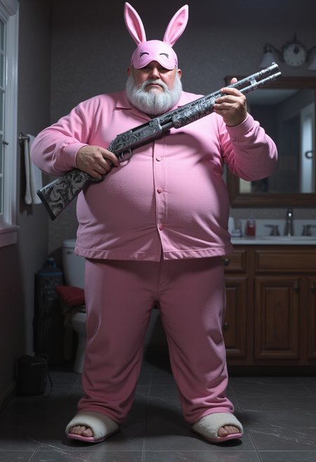 Old chubby man with a beard stands in pink pajamas. White slippers with rabbit ears on the man's feet. On the man's head is a pink sleep mask raised to his forehead. In the hands of the man is a cool shotgun. Bathroom background. Realistic, higly detailed, vivid colors, dim lighting. detailmaximizer, midjourneyv6.1, aidmaCODskins