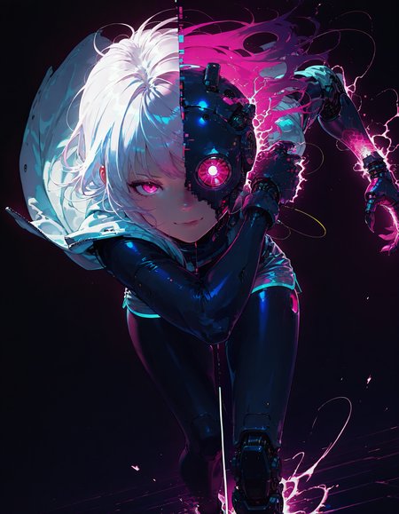 Solo,masterpiece, best quality, amazing quality, very aesthetic,straight-on, (1girl),(split in half),semi-realistic, ultra-detailed, high-resolution,dark,dutch angle,(jumping forward,dynamic pose:1)
,ADDCOMM,
split screen, divided,1girl, dual persona, clone,variation, feet out of frame,(dynamic pose)
,ADDBASE,
white hair, bangs, kpop, holographic white jacket, cybernetic neck,pink eyes,evil grin,smirk,(human,fair skin, normal skin)
,ADDCOL,
(split screen,transition,white line:1.2), white and pink hair, pink eyes, made of metal, shinning,smile
,ADDCOL,
in the style of ck-rw,in the style of cknc,
(pink glitch effect, foreground:1.2),(split face:1.2),(pink robot eyes, no sclera,no pupils), hand foreground, robot,cybernetic ,cyborg
,ADDCOL,
in the style of ck-rw,in the style of cknc,
pink glitch effect,metalic pink hair glitching pink,dark aura, bangs, (pink robot eyes, no sclera,no pupils), hand foreground, robot, black cybernetic parts ,cyborg, cyberpunk background, pink glow,crazy,covered in aqua electricity,pink aura,clenched teeth,bending arm,grin,(huge metallic claw)
,ADDROW,
in the style of ck-rw,in the style of cknc,
(human arm),split screen,motion lines, emphasis lines,silver shorts,forearm,sideways arm
,ADDROW,
silver shorts, white gloves, hand glowing aqua,  feet out of frame,(human straight-arm), aqua cyberpunk background,blue glow, human thigh,normal thigh,human hand, normal arm,human leg,pink glitch effect,(human,fair skin, normal skin)
,ADDCOL,
(glitch effect, foreground:1.2),human leg,(human,fair skin, normal skin)
,ADDCOL,
in the style of ck-rw,in the style of cknc,
(split screen,transition,white line:1.2),(split body:1.2)
,ADDCOL,
in the style of ck-rw,in the style of cknc,
robot midriff, silver shorts, glitching pink, feet out of frame,  cyberpunk background, pink glow,covered in aqua electricity, sweating aqua,pink aura,black robot leg
,  <lora:ck-neon-retrowave-IL:0.8> <lora:ck-nc-cyberpunk-IL:0.8>  <lora:DarkerThanBlackIllustrious:0.8>