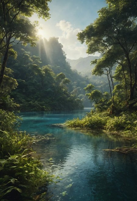 detailxl. RAW photo, delicate, wild nature, picturesque scenery, enchanting sunrays, beautiful sky, majestic landscape, pristine vegetation, desolate atmosphere, morning island glade, blue water, jungle lake
4k, highres, best quality, cinematic, epic. concept art, digital art, realistic, professional masterpiece, curvilinear perspective, sharp clarity. fine intricate details, great lighting, dappled soft lighting, volumetric lighting, detailed highlights, rim lighting