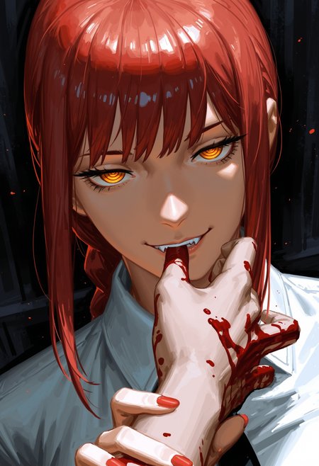 by kan liu \(666k\), painterly, sketch, rough strokes by guweiz, textured, detailed, 
masterpiece,best quality,absurdres,very aesthetic,highres,
1girl, beautiful aged up makima \(chainsaw man\), biting finger with smug male pov hand, grabbing pov hand, blood on hand, vampire, staring at viewer with light smirk, half-closed narrowed eyes with ringed eyes, black pupils, cheekbones,