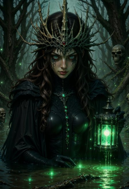 A gothic swamp witch standing waist-deep in murky waters, her hair wild and tangled with moss and reeds. A crown of twisted bone rests on her head, casting skeletal shadows across her pale face. Her dark robes ripple like liquid shadows, and in her hand, she holds a lantern filled with flickering green fireflies. The eerie light reflects off the surface of the water, where faint silhouettes of skeletal hands seem to reach toward her. The atmosphere is heavy with mystery and foreboding.