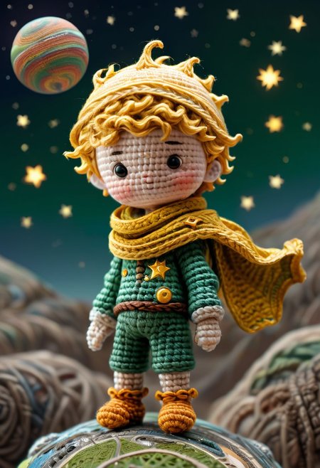 the little prince standing on small planet in starry sky, wearing green clothes and yellow scarf, by saint exupery, crocheted style, soft natural light, high resolution
