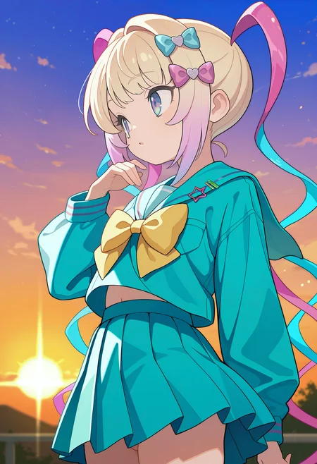 masterpiece, best quality, high quality, detailed, absurdres, uncensored,  <lora:kejuki:1> kejuki, ketsu juuji killer \(kejuki\), depth of field, outdoors, sunset,
BREAK 1girl, chouzetsusaikawa tenshi-chan, (small breasts:0.4), multiple hair bows, quad tails, aqua serafuku, yellow bowtie, aqua skirt, pleated skirt, hand up, parted lips, looking to the side, portrait