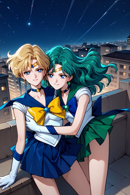 score_9, score_8_up, score_7_up, score_6_up, source_anime, 2girls, two girls standing back to back, hug, night, rooftop, city BREAK 1girl, solo,  <lora:sailoruranus-pdxl-nvwls-v1-000005:1> slrua, blonde hair, short hair, blue eyes, circlet, star choker, hoop earrings, white shirt, sleeveless, blue sailor collar, yellow bowtie, brooch, white leotard, blue skirt, pleated skirt, white gloves, smile, smirk BREAK <lora:sailorneptune-pdxl-nvwls-v1-000005:1> slrnp, cyan hair, long hair, wavy hair, green eyes, circlet, earrings, choker, white shirt, green sailor collar, sleeveless, blue bowtie, brooch, cyan skirt, pleated skirt, white leotard, white gloves, elbow gloves, magical girl, happy