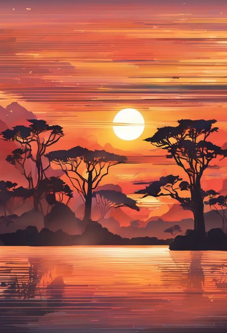 Generate a breathtaking landscape featuring a vibrant sunset casting a warm, golden glow across the sky. A majestic tree stands tall and proud, its branches reaching towards the heavens, silhouetted against the fiery hues of the setting sun. The scene is reminiscent of RHADS' signature style, with intricate details and a rich color palette that creates a sense of depth and immersion. The background is designed to be a perfect fit for a mobile game, with a focus on creating a captivating and immersive environment for players to explore. This stunning artwork captures the essence of a serene and picturesque sunset, ideal for a game background or wallpaper that exudes beauty and tranquility.