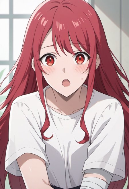score_9, score_8_up, score_7_up, source_anime, leeler sophia, red hair, red eyes, long hair, 1girl, solo, looking at viewer, bandages, shirt, blush, upper body, hair down, open mouth, white shirt, short sleeves,  bandaged arm