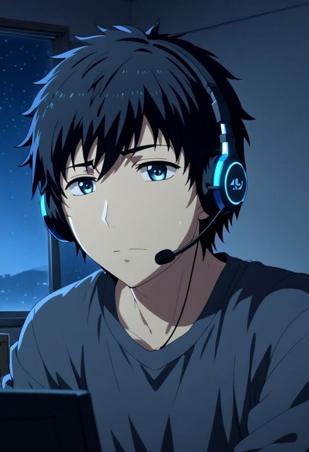 high resolution, solo, best quality, 1Boy, Arata Kaizaki, Black Hair, gamer, bedroom, night, pc, sit, headset, portrait, OverallDetail
