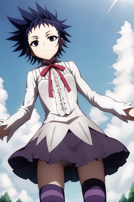 sharp focus, pixiv masterpiece, intricate details,  expressionless, source_anime,  score_9_up, score_8_up, score_7_up, score_9, looking at viewer, headshot, 
, highres,, 1girl,solo, remarkable, absurd res, sunny, sky,   <lora:roadkamelot_PonyXL_0.3:1>, roadkamelot, cowboy shot, collared_ribbon, ruffle shirt, skirt, striped_legwear, faint smile, standing, eyelashes, low angle