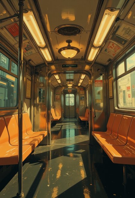 This image is a anime photograph of the interior of a subway train car, captured in a warm, golden hue that gives the scene a nostalgic and slightly vintage feel. The car features a sleek, modern design with polished stainless steel walls and ceilings. The floor is a dark, reflective black material that mirrors the light fixtures and the passengers' reflections. The seats are bright orange plastic, with a smooth, glossy finish, and are arranged in rows along the walls. Each seat has a backrest and a handrail for support. The windows are large and rectangular, allowing natural light to flood the car. 
On the walls, there are advertisements and informational posters, including one that reads "Mullard Street Station" and another with a map of the subway system. The ceiling is lined with fluorescent lights, casting a soft, even glow throughout the car. The overall ambiance is clean and orderly, with a sense of motion and anticipation due to the empty seats and the open space. The photograph captures the everyday experience of riding public transportation, emphasizing the practicality and functionality of the subway car's design.