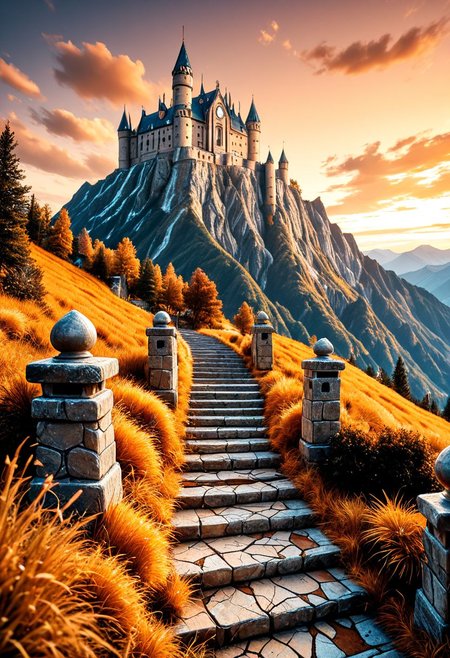 SmoothNoob_Quality, no humans, castle, cloud, gradient sky, mountain, mountainous horizon, orange sky, orange theme, outdoors, scenery, grass landscape, cracked floor, stairs,​​​ <lora:Smooth_Booster:0.5>​​​