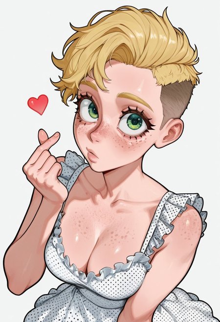 Pst,
short blonde hair, undercut,, frilled white dress, polka dot dress, green eyes, big eyes:1.2, freckles:2.0,
medium breasts,cleavage,atlethic body, 
 ,solo,finger_heart gesture