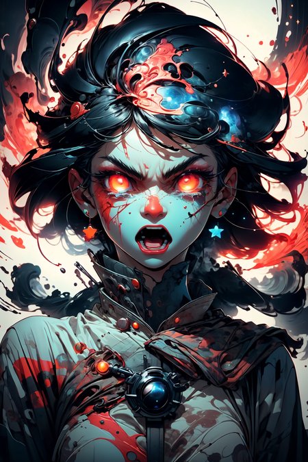 glowing eyes, glow, rage transformation, (red eyes:1.2), (rage:1.2), psycho, (madness:1.2), (angry:1.4), wide-open eyes, (blood:1.2), bloody face, open mouth, shout, (raging:1.2), (tears:1.2), 
masterpiece, abstract, dream, cosmic, destroyer of worlds, 
<lora:more_details:0.4>
 <lora:Cosmic anime-oil fusion v2:0.45> 
<lora:AnimeVibesV3:0.3> animevibes, 
<lora:3DMM_V11:0.5> 3DMM 
<lora:midjourney_20230624181825:0.45> midjourney ,
 <lora:LAS:0.2> cloud,colorful,
<lora:msw_locon-t2:0.6>
 <lora:wuxia2:0.5> gu,
 <lora:CelestialSkin2:0.5> dark celestialskin body, void cosmic body,, shiny, shiny hair, shiny skin, shiny clothes