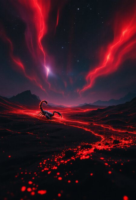 A breathtakingly vivid conceptual artwork of a black desert, illuminated by the eerie red glow of a moonlit night. The night sky is filled with a dazzling array of colors, with streaks of red light dancing across the vast expanse, adding to the surreal atmosphere. The desert sands have been transformed into an otherworldly landscape, painted with the same red light that casts an ethereal glow over the scene. In the center, a striking scorpion, a combination of red and black, scuttles across the sand. The overall atmosphere of this captivating painting is cinematic, evoking a sense of mystery and adventure, making it perfect for a poster or a stunning piece of conceptual art
