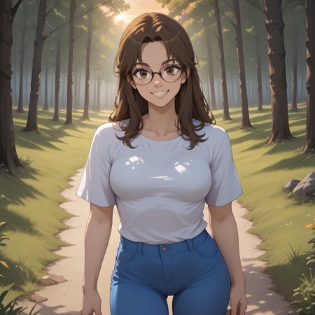 score_9, score_8, BREAK, solo, brown hair, long hair, brown eyes, glasses, white shirt, breasts, blue pants, sandals, Abigail Alburton, sexy pose, self portrait, smile, outdoors, sunlight, shadows, evening lighting, natural lighting, forest, trees, grass, orange sky, sunset